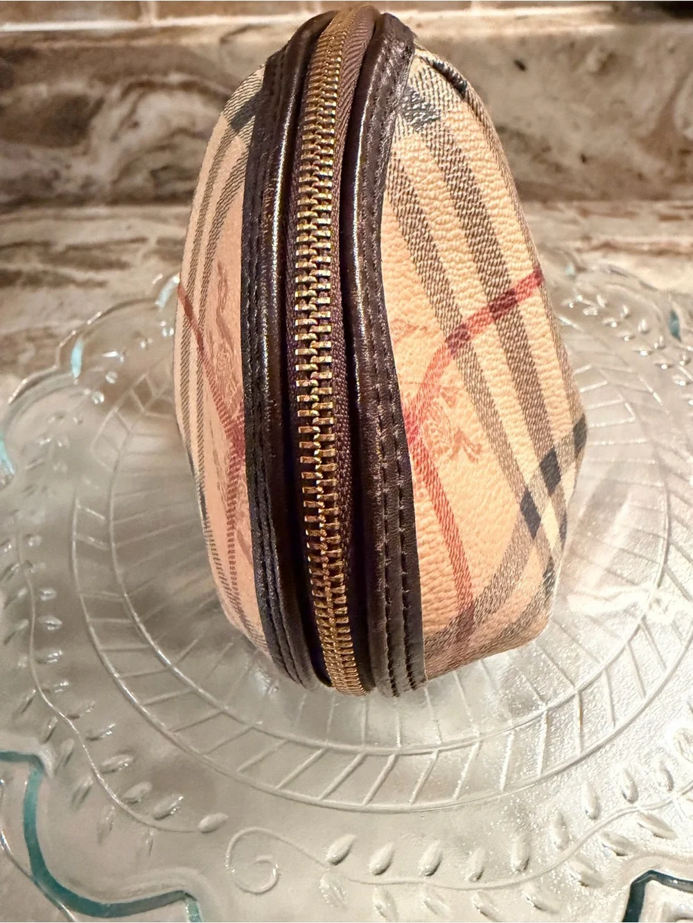 Authentic Burberry Tan Plaid Cosmetic Pouch with Black and Red Stripes
